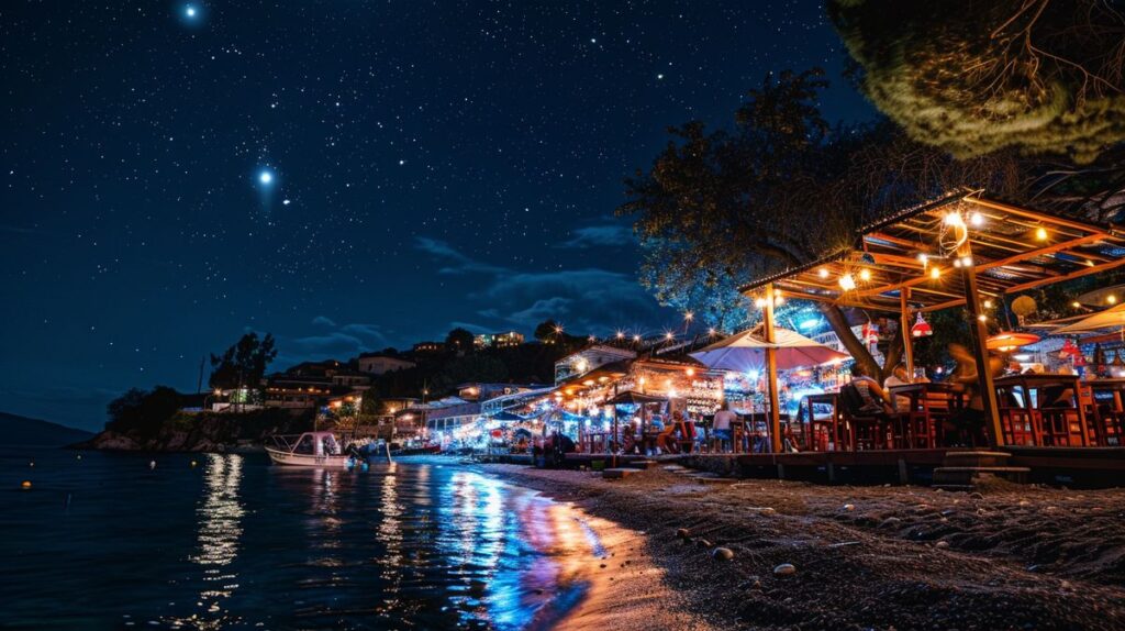 Ksamil gece hayatı canlılığını gösteren aydınlatılmış sahil barları ve restoranları