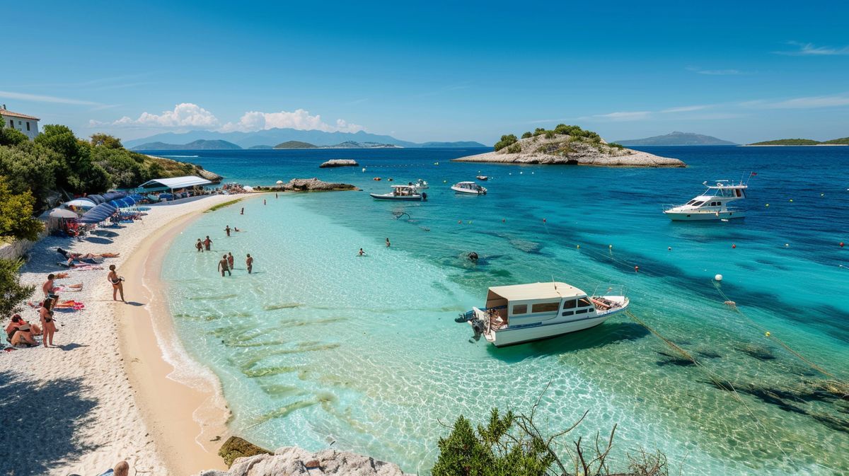 Ksamil bölgesinde yapılacaklar listesi içeren görsel, Ksamil plajları ve turistik yerlerini gösteren harita