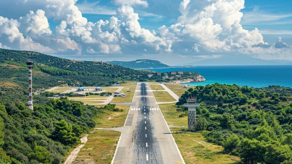 Ksamil havaalanı yakınındaki turkuaz deniz kenarı manzarası