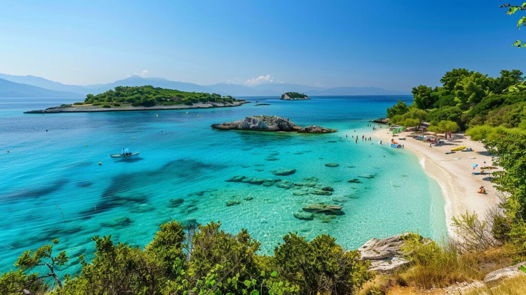 Ksamil turu sırasında çekilmiş berrak deniz ve kumlu plaj manzarası