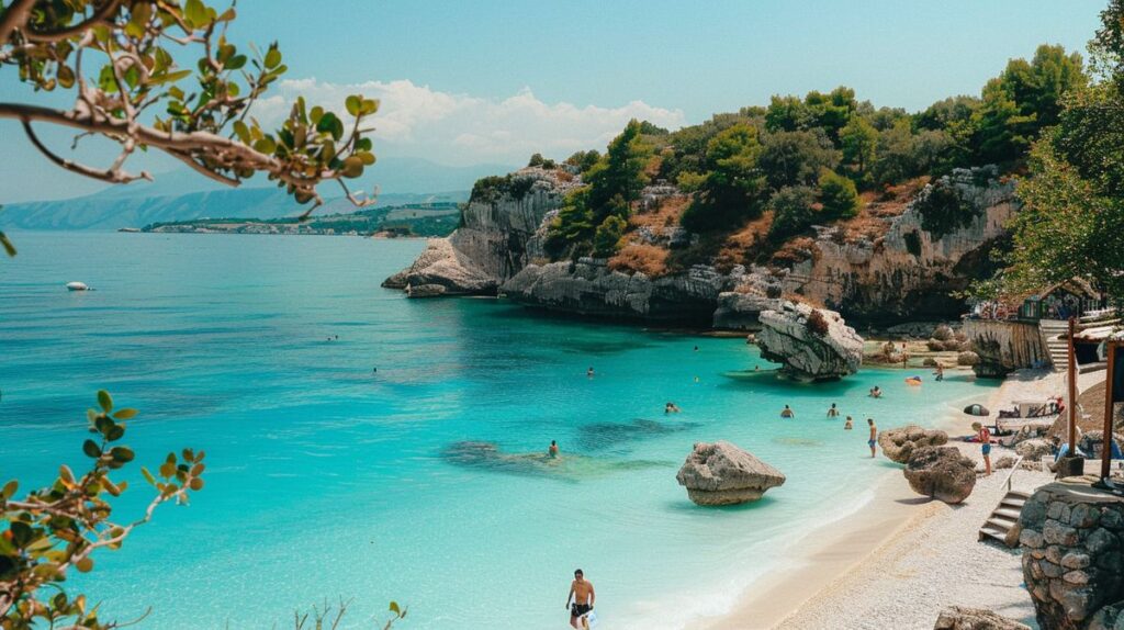 Ksamil tur fiyatları için bilgi sunan rehber ile turistlerin plajda yürüdüğü anın fotoğrafı