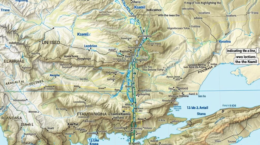 Tiran Ksamil arası kaç km olduğunu gösteren harita detayı