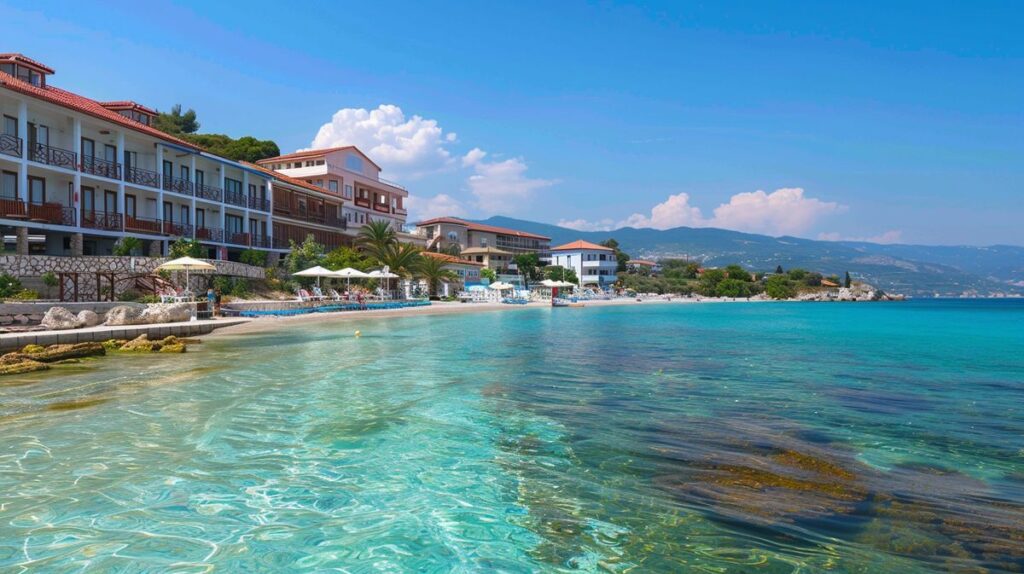 Ksamil denize sıfır oteller arasında yer alan, berrak mavi suyu ve kumlu plajı gösteren manzaralı fotoğraf