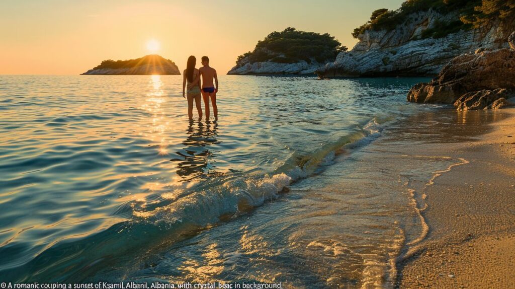 Ksamil balayı için romantik sahil manzarası