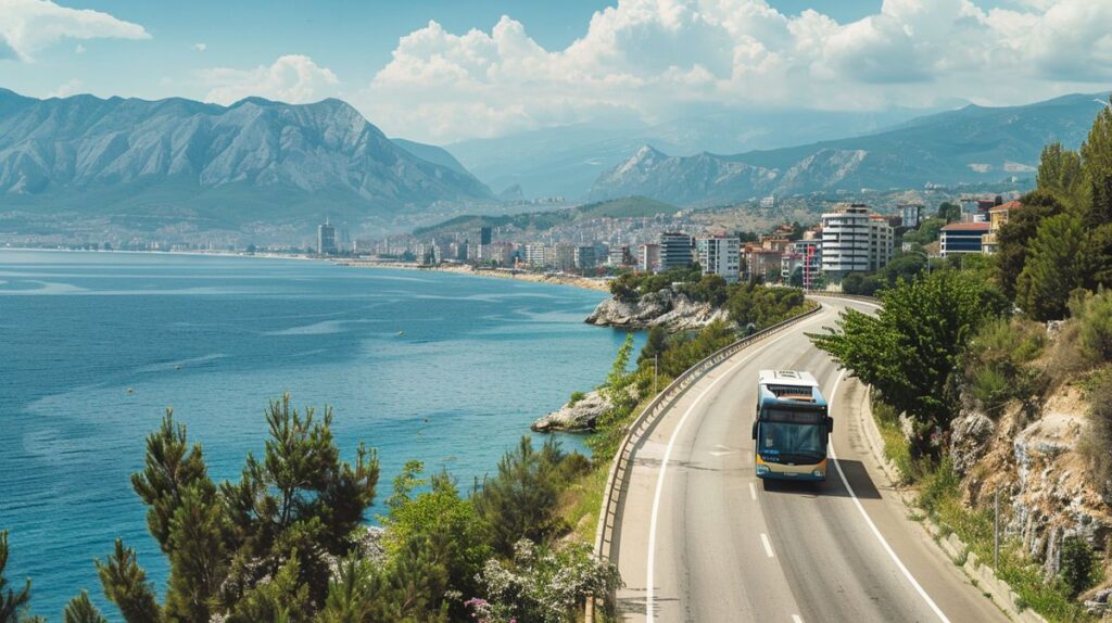 Tiran Ksamil arası ulaşım sağlayan otobüsün iç görünümü