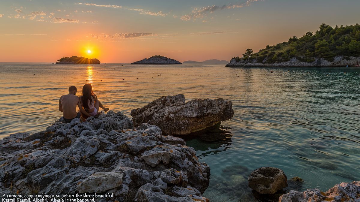 Ksamil balayı için romantik sahil manzarası, güneşli bir günde turkuaz deniz kenarı