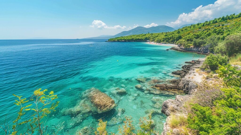 Saranda Ksamil yakınında gün batımında deniz kenarında yürüyen çift