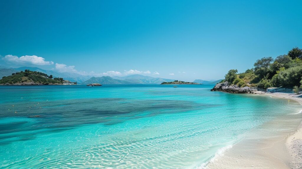 Ksamil plajları'nın büyüleyici manzarası, turkuaz deniz ve kumlu sahil