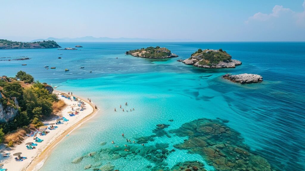 Ksamil tatil turu sırasında deniz kenarında gün batımı manzarası